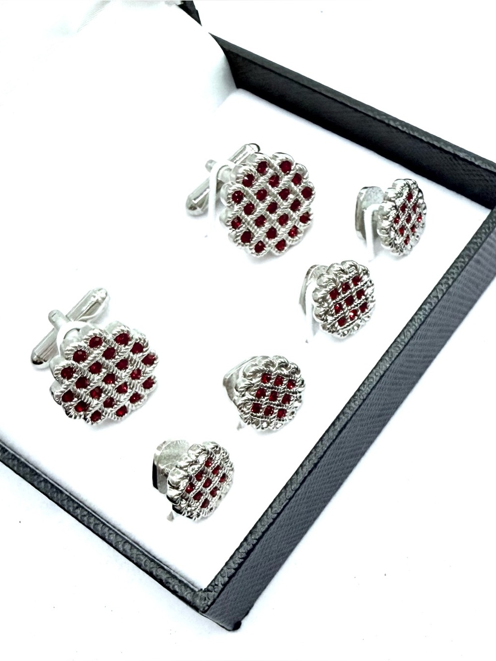 Silver Red Crystal Men's Cufflink and Stud Set